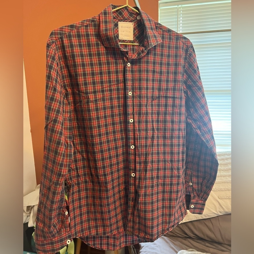 Billy Reid Red and Blue Plaid Casual Button Down Shirt